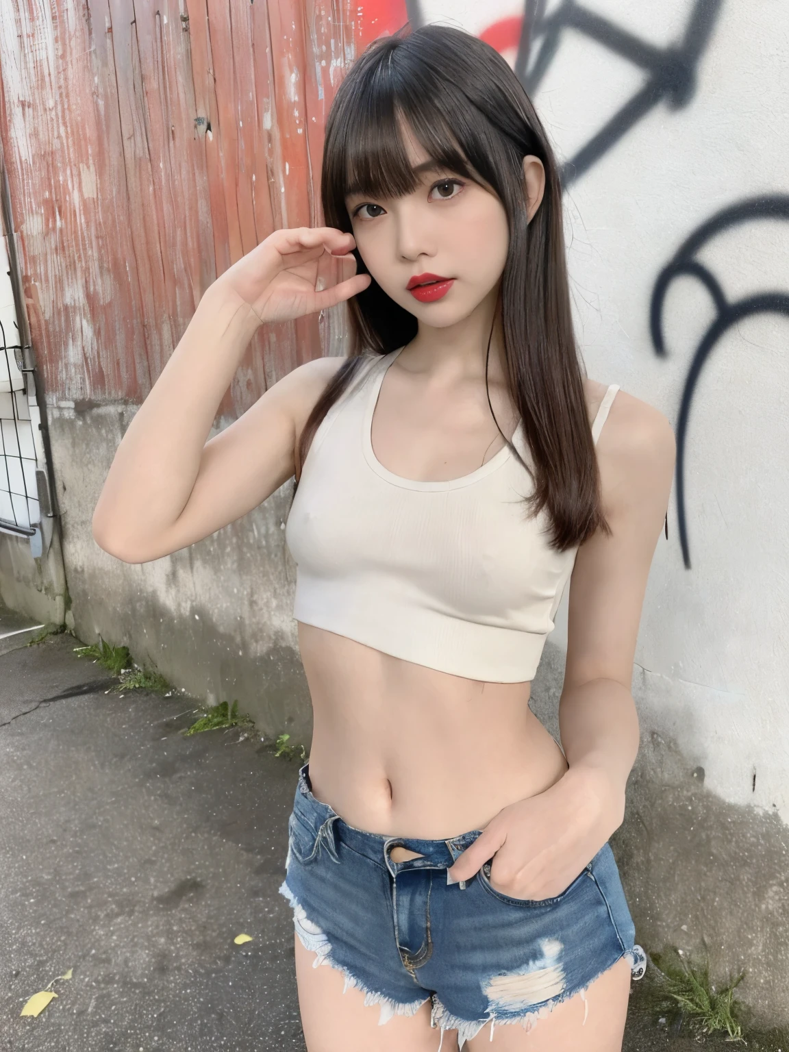 RAW Photos, 8k, (highest quality), Realistic, (live-action, Intricate details), (Natural skin texture, Detailed skin, Hyperrealism, Sharpness), (Japanese  girl standing in a dirty back alley at night, graffitied wall:1.3, Put your hands in your pockets), ((Tight white tank top, Distressed denim shorts, Low-rise shorts)), (((Flat Chest:1.5))), (Pale skin:1.5), ((Straight long hair, Blunt bangs)), (Fascinating face, Provocative look, Lips parted:1.3, eye shadow:1.3, eyeliner, Red lips:1.2, Circles under the eyes:1.3), graffiti:1.5, trash can, at night, Spot lighting:1.3, full body shot