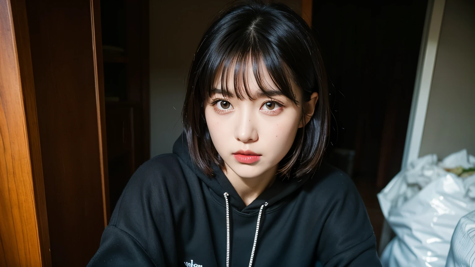 18-year-old,Korean women,(((Facing forward,I have a card))),(((Frowning,painful face,カメラをGlaring))),(Very fine eye), (((Wearing a black hoodie,Wearing baggy pants))),(((The collapsing interior))),(((Old indoor))),((photograph)),((Woman in a trash dump)),(((Fabric Shading))), (((highest quality))), (((masterpiece))) strong girl, ((((Realistic)))),,Black Hair, chic hairstyle, ((With bangs,Straight medium bob cut, nice hair)), Light makeup,Red eyes, (((I&#39;m not wearing lipstick))),(((Being surrounded by a lot of garbage indoors))), (nice, strong), Strong night atmosphere,  Centered Images, Focus on the camera, Elegant colors,Realistic Skin,Realistic texture,８k,whole body,Pale skin, (((Dirty garbage dump))),A huge amount of trash,Red iris,Expressionless,Glaring,Perfect Face,(((Big eyes))),She is wearing wide black pants,Mouth closed, portrait of aespaのウィンター,She is wearing black streetwear, Woman in black streetwear, 黒いハイテクな服を着た女性のphotograph, Girl wearing black hoodie, Cyberpunk Streetwear, Cyberpunk Streetwear street fashion e-girl,