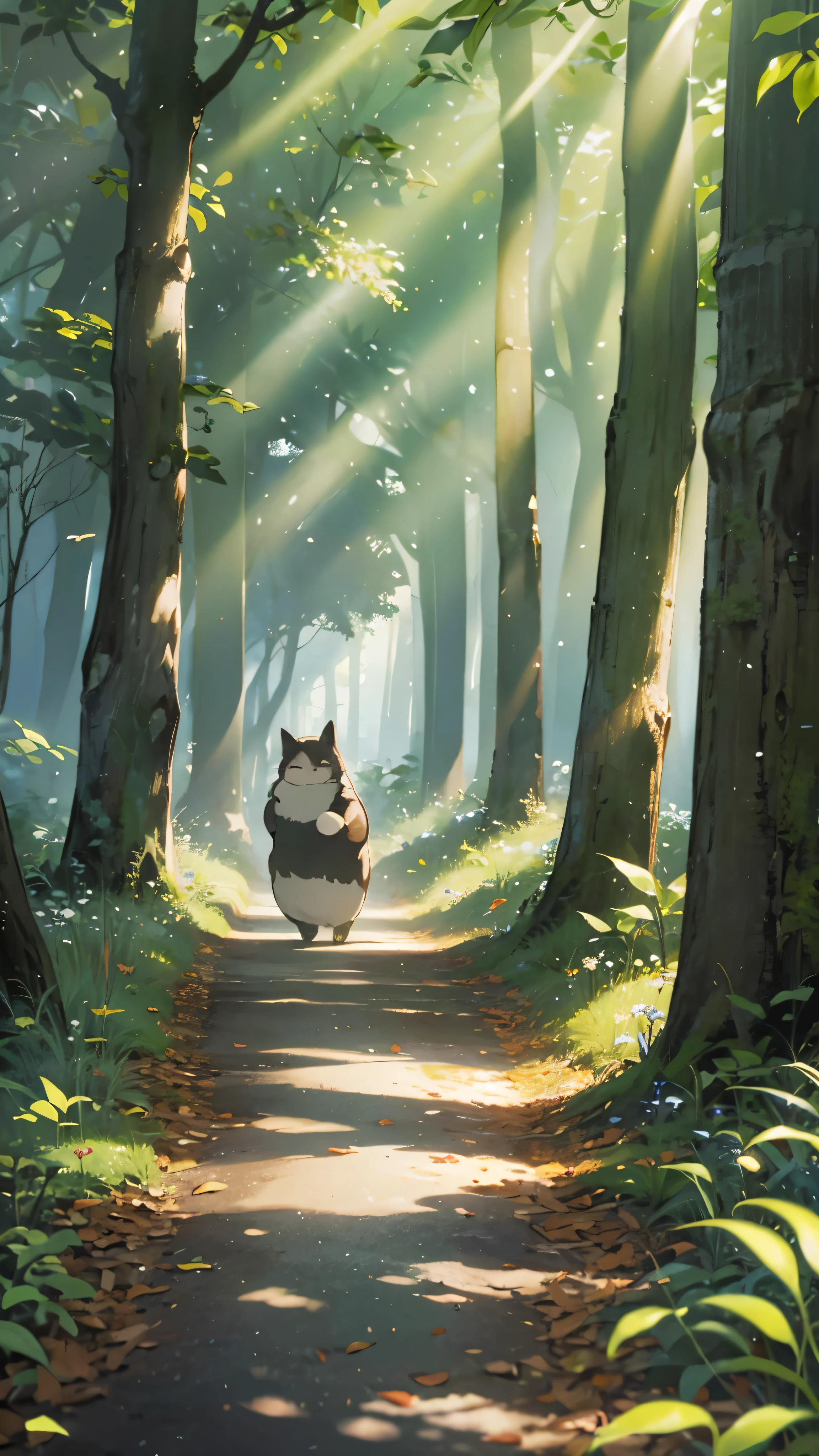 A fascinating scene with the enchanting world of Totoro's forest。The magical transportation, the Cat Bus,、Clinging to the bus's shaggy exterior、Gently carries the protagonist with eyes full of awe and excitement。With every step the bus takes、We head deeper into the forest, enveloped in vibrant greenery and the gentle rustling of leaves.。The sun begins to set、Dense trees々Golden light shines from the canopy of the。The hero's angelic cheeks flushed with happiness and a sense of adventure.、I wrinkle my little nose at the pleasant smell of the forest.。The Cat Bus's facial expression remains the same.