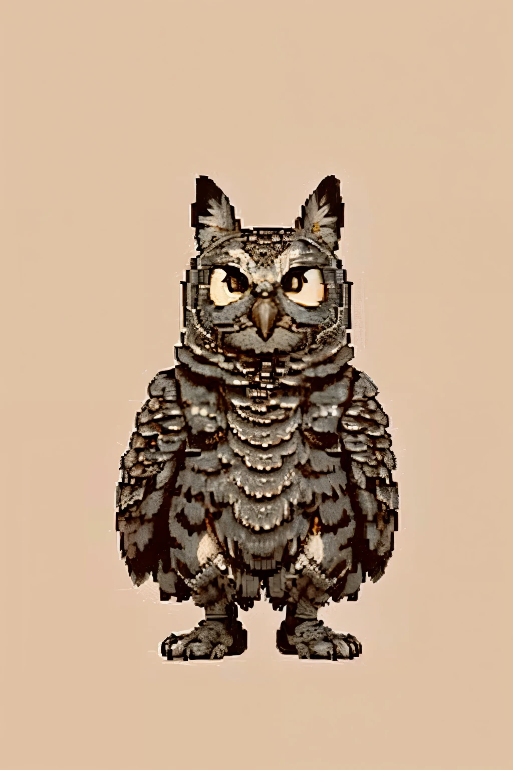 An owl extends its claws，Trying to reach into a three-pin socke eyes are wide open，Showing a surprised expression，Seems curious and confused by this strange behavior。
