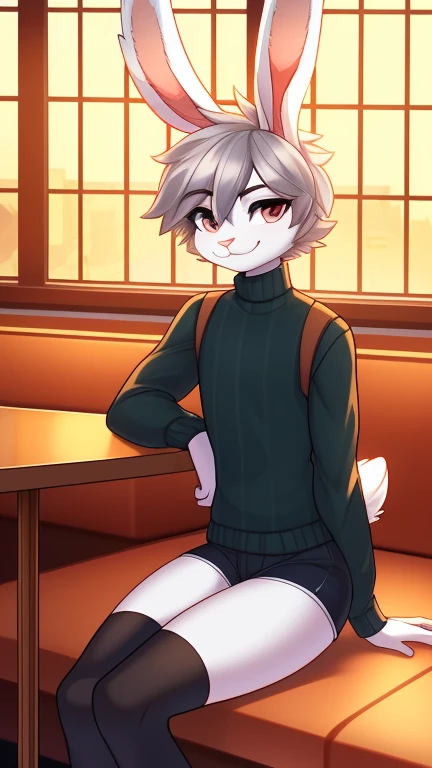 Best quality, super detailed illustration, warm colors, Ideal lighting, (fluffy bunny boy:1.6), white fur ,feminine face and body, disheveled thick gray hair, short shorts, long black stockings, long sleeve sweater, vest, sitting in a cafe by the window, smug smile, tricky glance , Femboy, slim, perfect body, style "DND"