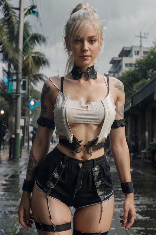 ((best quality, 8K, masterpiece:1.3)), focus: 1.2, perfect body beauty: 1.4, buttocks: 1.2, ((layered hairstyle, Chest: 1.2)), (wet clothes: 1.1), (rain, street:1.3), Bandeau dress: 1.1, Highly detailed facial and skin textures, narrow eyes, double eyelids, 美White skin, long hair, (shut up: 1.3), Smiling white-haired girl, High ponytail hairstyle, sports tops, extra large bust, Succubus, (((Succubus tattoo on lower abdomen))), Transparent super tight low waisted ribbon pants, (((ultra-low waist))), wristband, Band-Aid for white hair、a woman , single ponytail, insult, high ponytail, tall figure, long legs, (sleeveless lace shirt), (shorts), (striped )), ((striped )), Walk, elegant, dignified, feminine, beautiful curves, Delicate hair