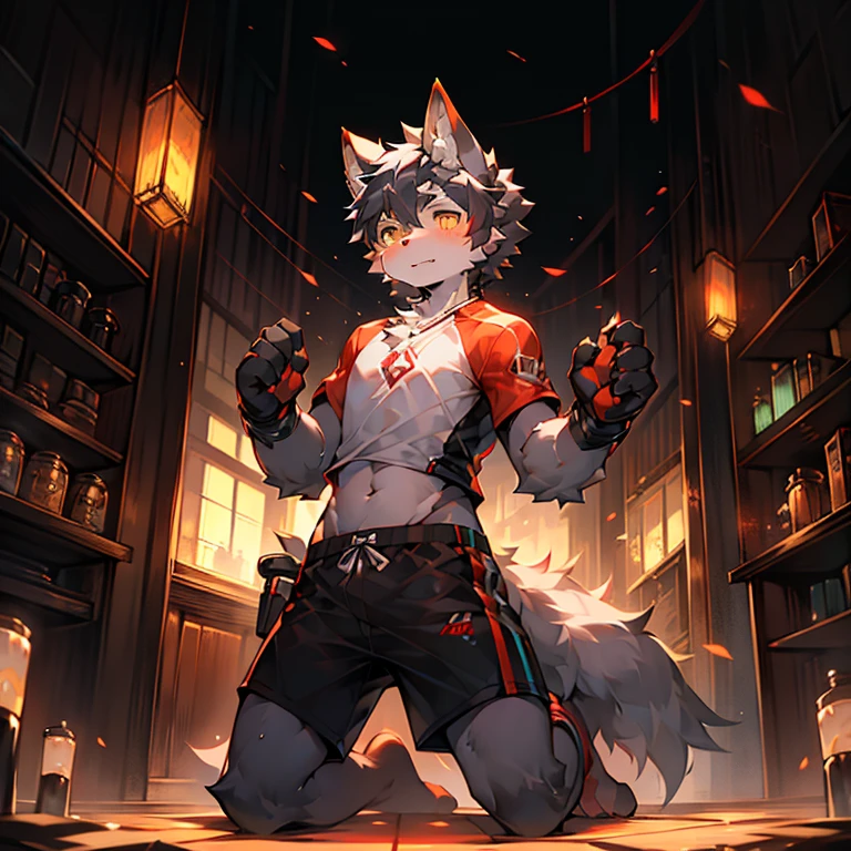 eyes with brightness, in a panoramic view, Character Focus Solo, shaggy, Hairy male dragon, Yellow fur for men, A red eye,A gray eye, white color hair(The long),No clothes and no pants,Bare body,Young style,Height 1.85 meters,Handsome, There is a dragon tail,