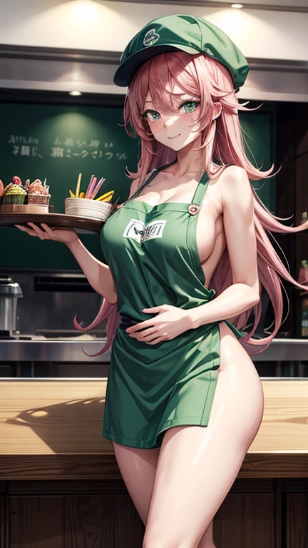 1 anime girl naked wearing only an green apron and a hat, standing at a register, long pink hair, embarrassed, embarrassing, embarrassment, blushing, people around her, hot, sexy, gorgeous, very high quality, anime style, 4K resolution, perfect body, thick body