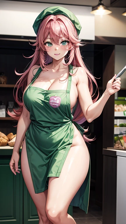 1 anime girl naked wearing only an green apron and a hat, standing at a register, long pink hair, embarrassed, embarrassing, embarrassment, blushing, people around her, hot, sexy, gorgeous, very high quality, anime style, 4K resolution, perfect body, thick body 