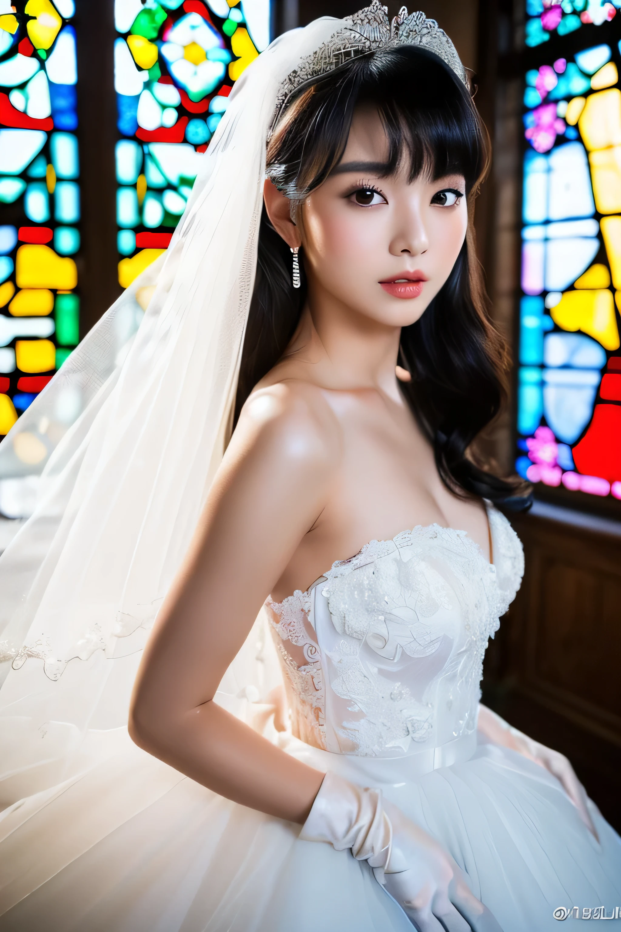 (Turn your whole body to the viewer:1.5)　(The background is a pure white wall:1.Close-up of 8 from the neck up)　(Perfect Face　Her face is slim and dignified.., length, Narrow eyes..々A solo photo of the 24-year-old, most attractive woman in Japan with a beautiful face)　(She looks at the viewer with a very seductive expression.)　((Her deep black hair is incredibly voluminous, extremely heavy and curly, and very shiny and silky.、Absurdly Extreme Long Hair Down to Her Ass in Black:1.3　Very thick, deep black, thin hair. Extremely long hair.:1.3 Hair and, And Absurdly Extremely Long Hair:1.3 Black hair))　((highest quality)), ((masterpiece)), (familiar)　(Get used to it)　　(Her skin is a typical Japanese skin color...、Very detailed)　　(big breasts)　(She has a beautiful face with a slender figure., Narrow eyes.)　(Her bangs are a beautifully trimmed asymmetrical hime cut.)　(She has perfect sexy makeup　Lipstick is light red　Solid black eyeliner)　((Rich 1.4))　(Extremely detailed 8K)　(Stable Diffusion Model)　(Ultra-fine skin texture 1.4)　(Actual, Vibrant:1.4), double eyelid　Sharp focus:1.2、Beautiful woman:1.4　Dynamic Lighting　(Genuine RAW photos taken by professional photographers)　　Professionally lit from the front　((This is a church with stained glass windows　bride in white Wedding dress and gloves standing in front of mirror, dressed beautiful gown, Wedding dress, wearing organza gown, wearing a Wedding dress, Wear a voile dress, white gown, white regal gown, gown, beautiful gown, beautiful Wedding dress, Tulle and lace, white!!, beautiful and elegant, white gloves, ground!, white royal dress, white satin gloves))　(She&#39;s the perfect tiara)
