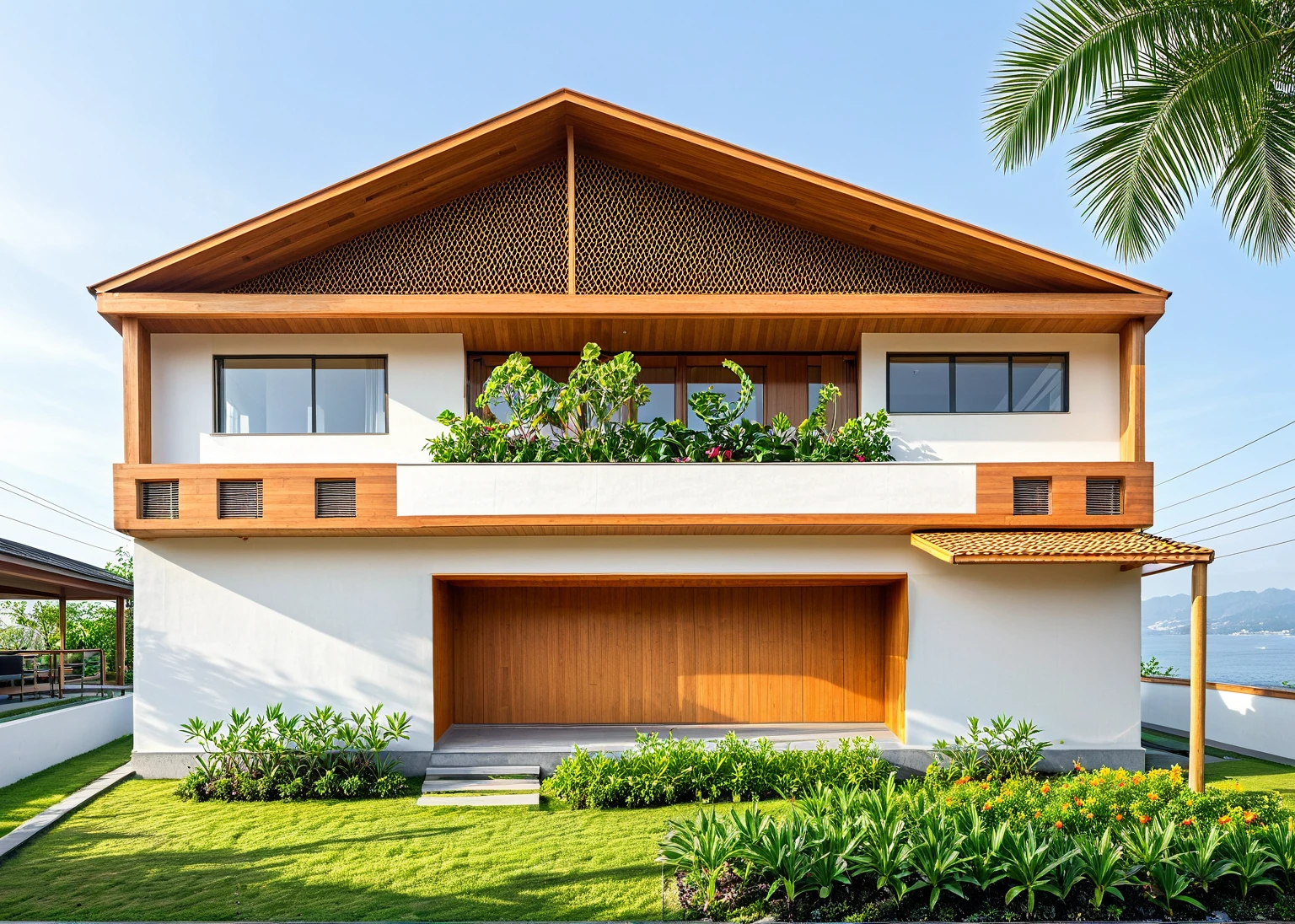 there is a plant growing in a pot on a wooden structure, mesh, wooden structure, polygonal wooden ceiling, building covering with plants, detailed structure, architectural photo, facially perfect geometry, module, wooden rack, geometry, textured wall, symmetrical details, open wall architecture home exterior, minimalist structure, Japanese architecture, old white wall