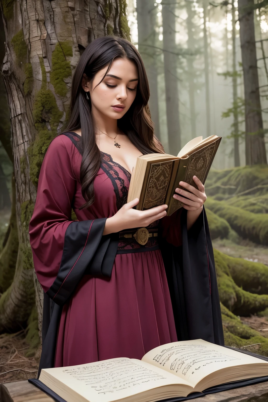 RAW, Lower quality, SFW version: 1.1), Sexy hot woman in revealing outfit, stands next to ancient tree, Holds a spell book, reminiscent of Violet Myers, Hogwarts style, Anime cosplay, Kneels before the tree, Children's book open in her lap, An optical illusion adorns the tree trunk, Fetish elements present, Beautiful scholars in the background, Lovely valley landscape, Arabic script decorating the cover of the open book.