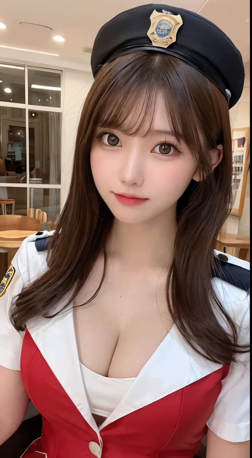 Tabletop, highest quality, One Girl, (beautiful girl:1.3), (18-year-old:1.3), Very good eye clarity, (Symmetrical eyes:1.3), (Police Costume:1.2), Beautiful breasts,Big Breasts,Big Breasts,Visible cracks, Brown eyes, parted bangs, brown hair,Police uniform revealing cleavage,erotic,The finer details