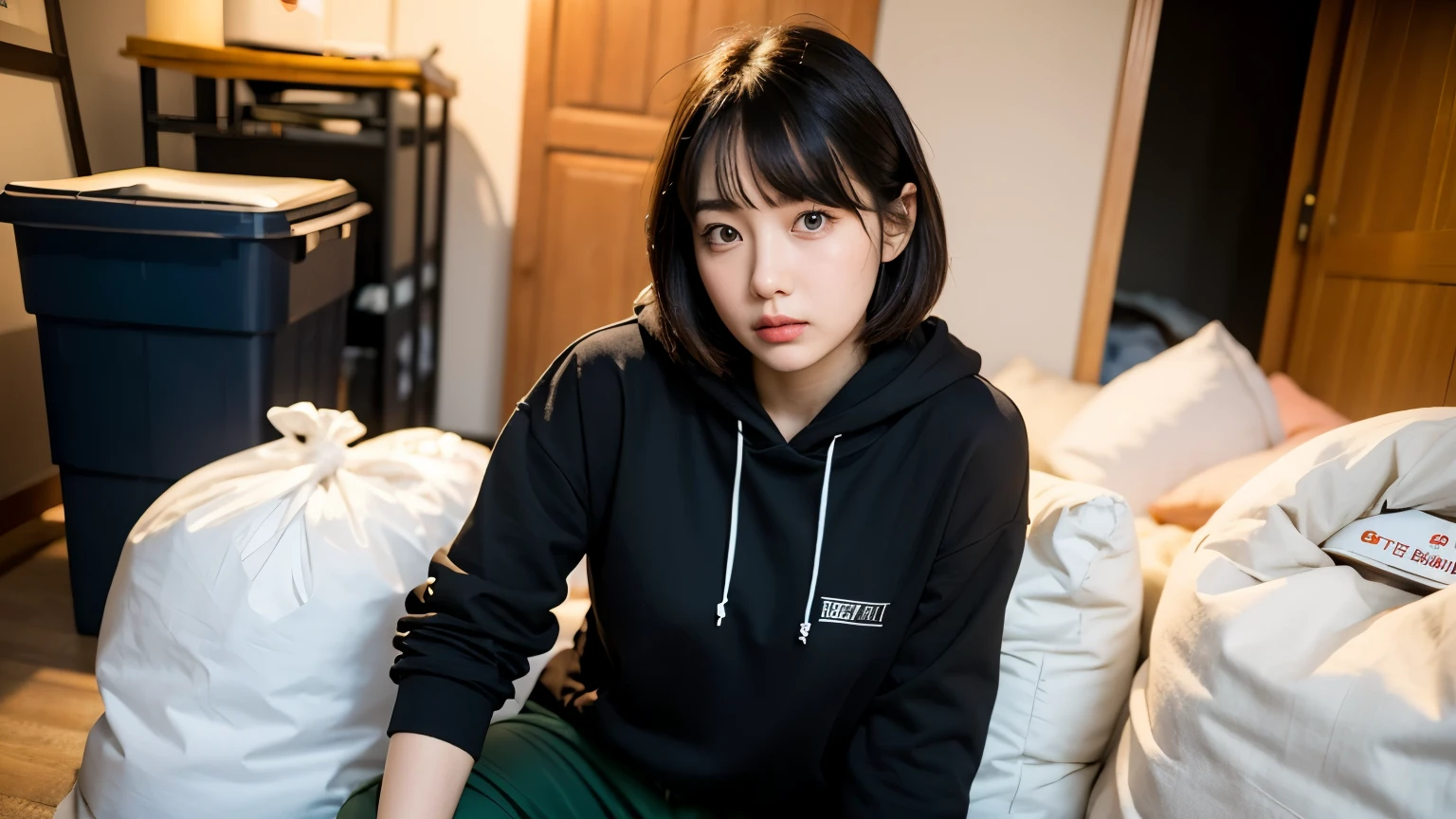 18-year-old,Korean women,(((Facing forward,I have a card))),(((Frowning,painful face,カメラをGlaring))),(Very fine eye), (((Wearing a black hoodie,Wearing baggy pants))),(((The collapsing interior))),(((Old indoor))),((photograph)),((Woman in a trash dump)),(((Fabric Shading))), (((highest quality))), (((masterpiece))) strong girl, ((((Realistic)))),,Black Hair, chic hairstyle, ((With bangs,Straight medium bob cut, nice hair)), Light makeup,Red eyes, (((I'm not wearing lipstick))),(((Being surrounded by a lot of garbage indoors))), (nice, strong), Strong night atmosphere, Centered Images, Focus on the camera, Elegant colors,Realistic Skin,Realistic texture,8k,whole body,Pale skin, (((Dirty garbage dump))),A huge amount of trash,Red iris,Expressionless,Glaring,Perfect Face,(((Big eyes))),She is wearing wide black pants,Mouth closed, portrait of aespaのウィンター,彼女は黒いStreetwearを着ている, 黒いStreetwearを着た女性, 黒いハイテクな服を着た女性のphotograph, Girl wearing black hoodie, Streetwear, street fashion e-girl,