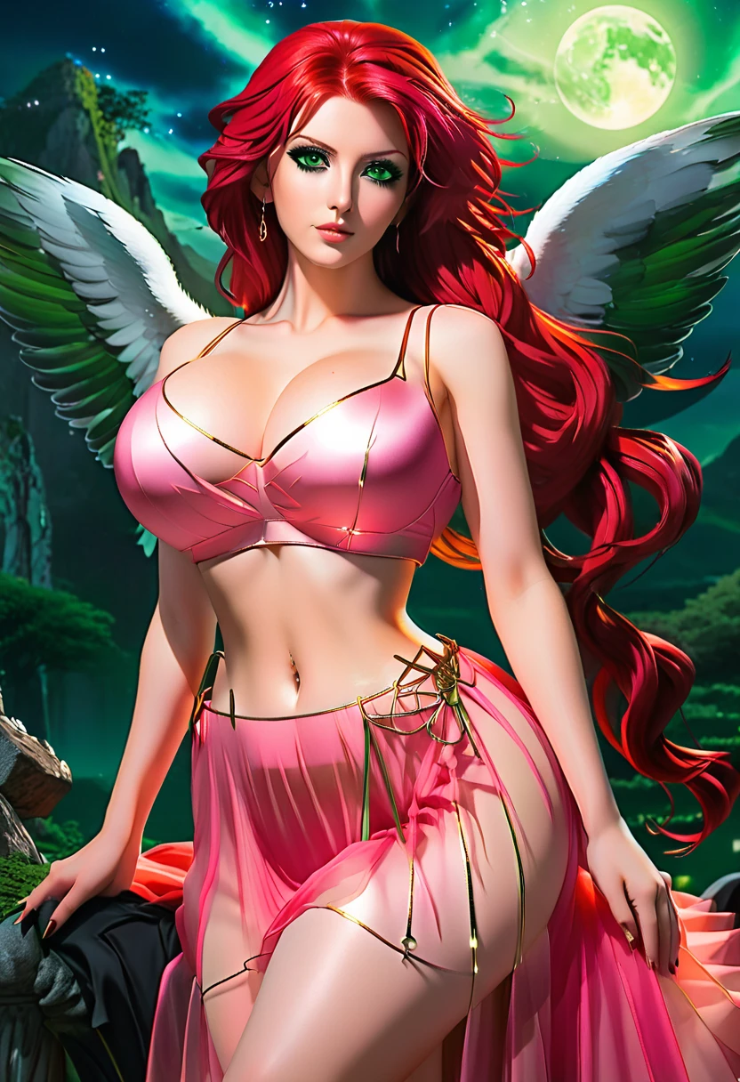 In a mesmerizingly portrayal, thick women busty, a glam-goth goddess angel her Age 28, clean skin,pretty hair, midriff,bioluminescent, red hair, green eyes,pink dress,trending on cgsociety, epic, trending on artstation, highly detailed, vibrant, production cinematic character render, ultra-high-quality model, golden ratio manhwa, manhua, background mysterious, does not produce same pose when remixed.