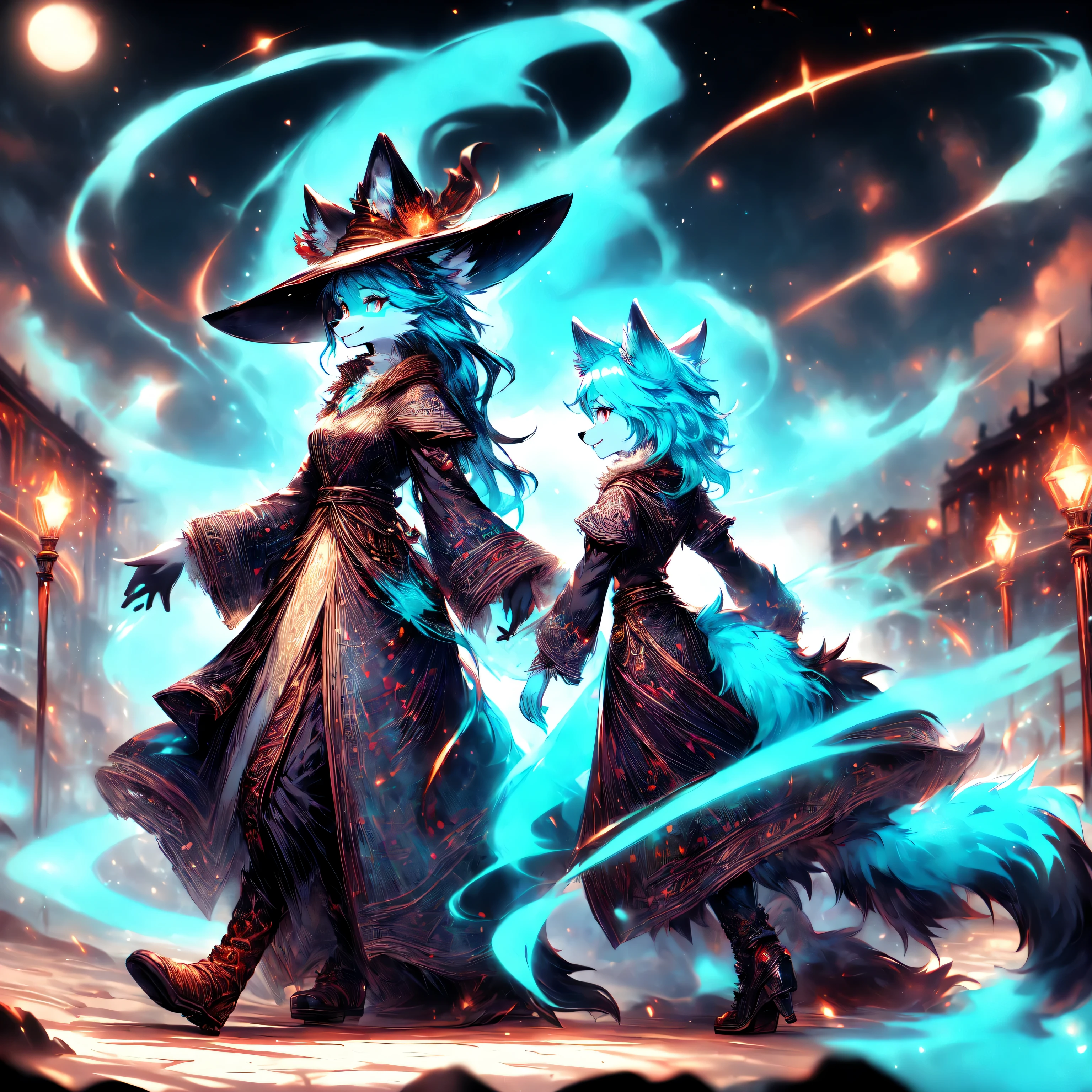 woman, hairy woman, wolf woman, full body portrait, full fur, magical fur, full tail, big tail, magic tail, long hair (busy and turquoise colored hair), hat on the head (witch's hat), eyes almond shape (bright turquoise color), expressive smile, charming face, witch outfit (dark color with magical embroidery), black tights, shoe (high boots), public park background (in the middle of an ancient city), a scene representing a witch's meeting.