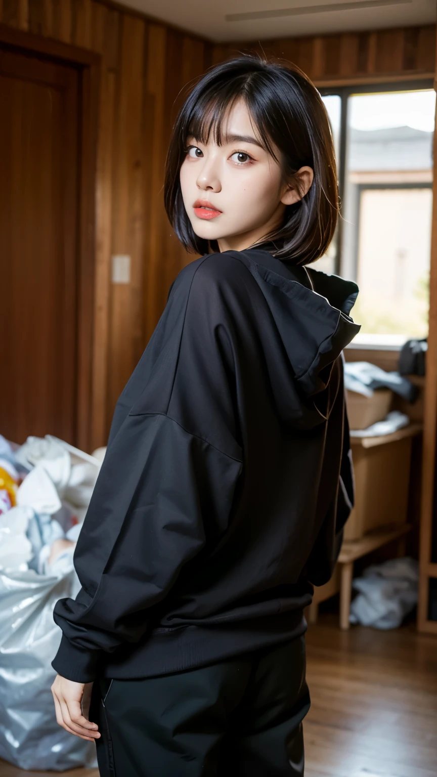 18-year-old,Korean women,(((Facing forward,I have a card))),(((Frowning,painful face,カメラをGlaring))),(Very fine eye), (((Wearing a black hoodie,Wearing baggy pants))),(((The collapsing interior))),(((Old indoor))),((photograph)),((Woman in a trash dump)),(((Fabric Shading))), (((highest quality))), (((masterpiece))) strong girl, ((((Realistic)))),,Black Hair, chic hairstyle, ((With bangs,Straight medium bob cut, nice hair)), Light makeup,Red eyes, (((I'm not wearing lipstick))),(((Being surrounded by a lot of garbage indoors))), (nice, strong), Strong night atmosphere, Centered Images, Focus on the camera, Elegant colors,Realistic Skin,Realistic texture,8k,whole body,Pale skin, (((Dirty garbage dump))),A huge amount of trash,Red iris,Expressionless,Glaring,Perfect Face,(((Big eyes))),She is wearing wide black pants,Mouth closed, portrait of aespaのウィンター,彼女は黒いStreetwearを着ている, 黒いStreetwearを着た女性, 黒いハイテクな服を着た女性のphotograph, Girl wearing black hoodie, Streetwear, street fashion e-girl,