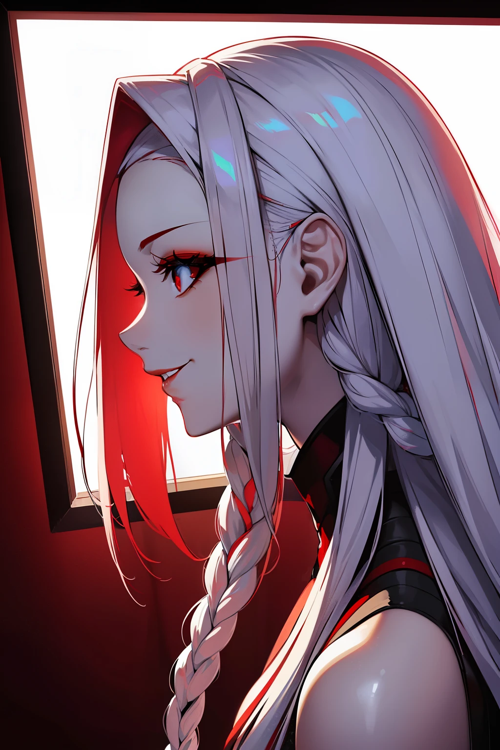 lacus4, (red eyes, white braids, small breasts, psycho expression, Anime style: 1.9, Best Quality: 1.0, ultra-detailed, photography, 4K, sharp focus, HDR, vibrant color: 1.2, indoor setting, dimly lit room, red accent lighting, single girl, solo: 1.4, upper body shot, side view, detailed face features, red lips curled in a maniacal smile, white hair braids twisted around head, fine strands of hair escaping and framing face, red and white color scheme, captivating and unsettling).
A psycho anime avatar with small