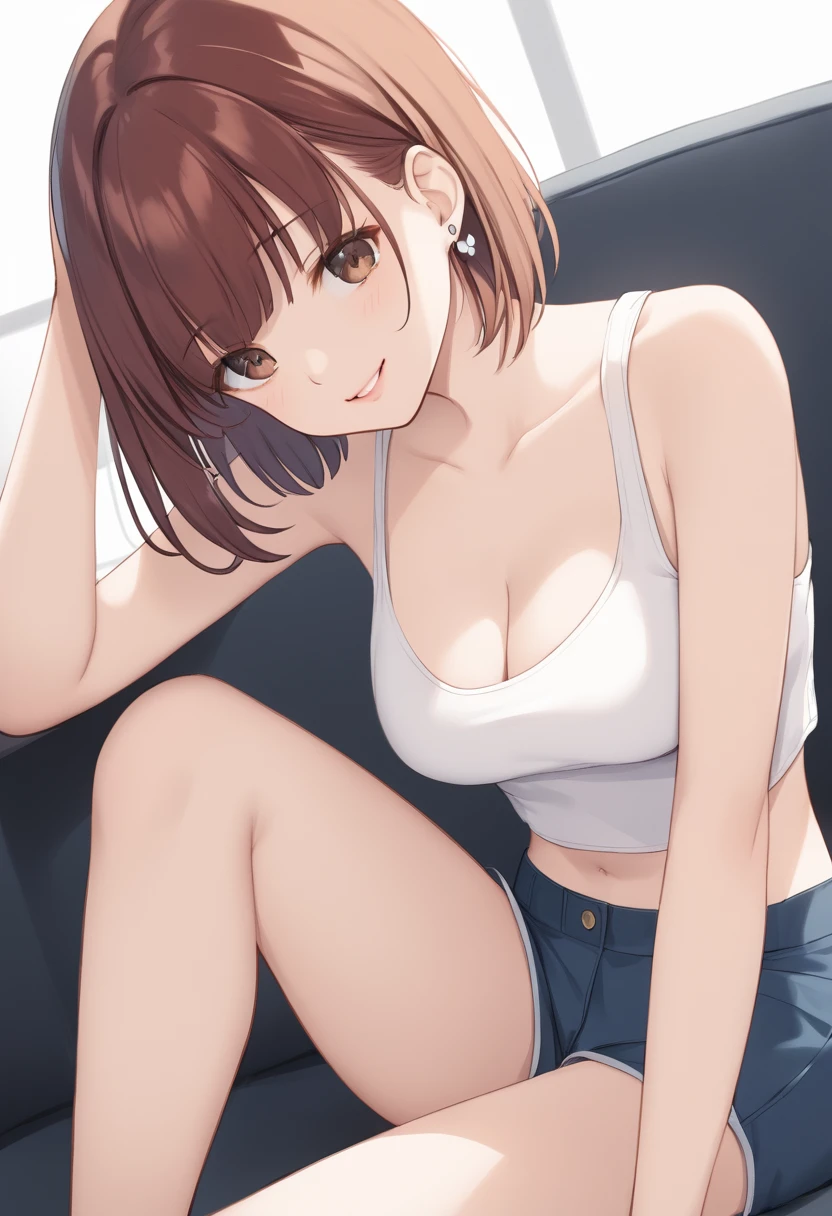 (best quality, masterpiece:1.2), absurdres absolutely resolution, highres, 1 woman, BREAK, (navy blue Short bobbed hair:1.1), brown eyes, normal size breasts, BREAK, 1girl, breasts, solo, cleavage, looking at viewer, normal breasts, smile, crop top, earrings, parted lips, midriff, jewelry, lips, navel, tank top, white tank top, bare shoulders, sitting, bangs, leaning forward, collarbone, arm up, pussy