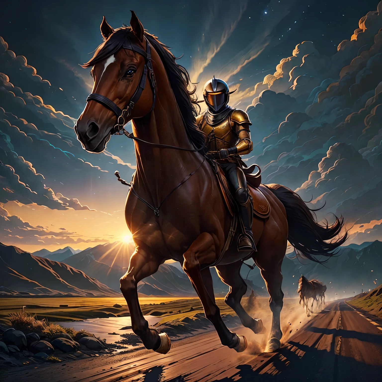A hyper-realistic image of a man riding majestically on a horse along a winding road, sun setting in the background, creating a warm, golden glow, ultra high definition, 8K. The man, dressed in authentic leather armor, wears a helmet shielding his face from the wind. His horse, strong and sturdy, boasts a sleek coat of chestnut brown and piercing dark eyes. The road stretches out before them, bordered by lush green trees and rolling hills. The man's determined expression and the horse's eager strides exude a sense of adventure and freedom.