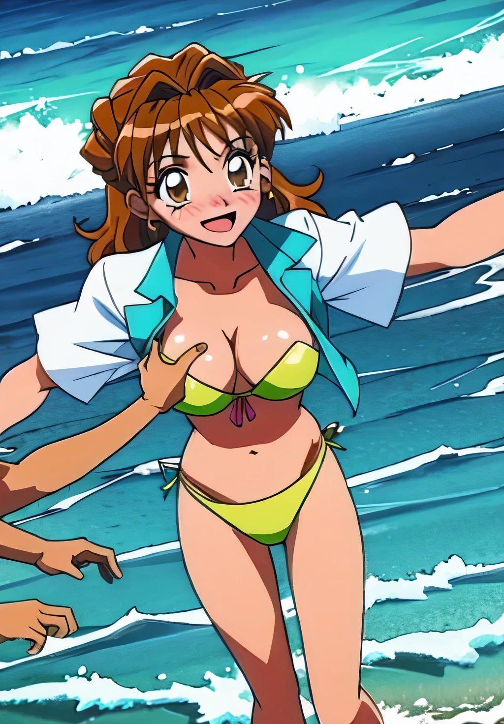 Ocean,bikini,Swimwear, pupil_Brown,blush, Open_mouth,Embarrassing,A man grabs my chest,Surrounded by men,Maron,smile,Swimwear,bikini,masterpiece, expensive quality, very_expensive_solve, big_file size, Full Color,