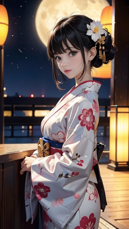 ♥(Japanese beautiful flower printed kimono,yukata),((1girl,cute,young,semi long beautiful black hair,blunt bangs,twin tales,beautiful eyes)),(solo),((masterpiece, highest resolution,best quality)), (beautiful illustration),(Japanese beautiful flower printed kimono,yukata),
 (looking at the viewer), innocent smile,cinematic lighting,Japanese Festival,stall,fireworks,night sky,full moon,shooting star,