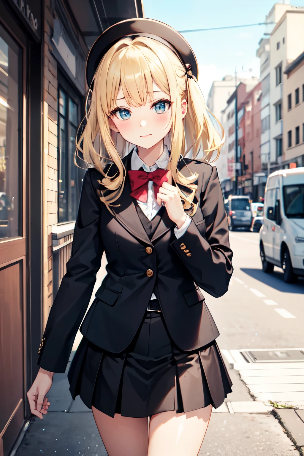 ((best quality)), Girl, blonde hair, blue shoes, jacket suit, bando, blush, skirt