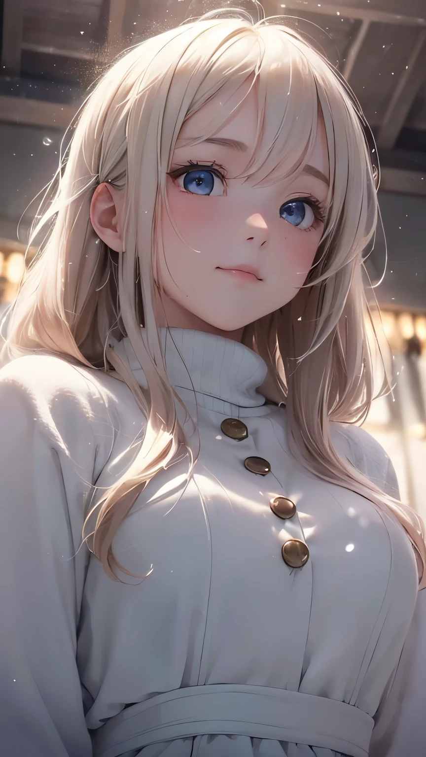 (Masterpiece, top quality image, 1 girl,
(Perfect face: 1.2) with delicate features, rosy cheeks, and a Pretty Face: 1.2 adorned with Platinum Blonde hair, cascading down her shoulders,
(From below, Upper Body: 1.3) revealingly displayed in a warm winter coat, standing contentedly in the midst of a serene winter scene with snow falling gently around,
A girl in deep happiness, her eyes alight with a faint smile, gazing intently at the audience,
Depth of Field employed expertly to capture the essence of the moment,
Movie Lighting enhancing the enchanting atmosphere,