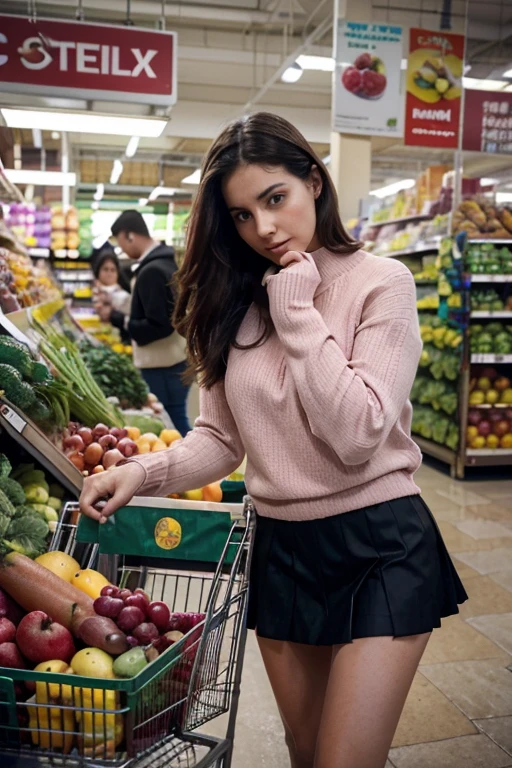 A strikingly glamorous Instagram model stands in a bustling grocery store, the shelves brimming with fresh vegetables, fruits, and bread. The photograph captures her in casual daily outfit, creating a sense of effortless beauty and sophistication. Each detail, from the crisp freshness of the produce to the model's impeccable attire, exudes a sense of immaculate style and allure. This high-quality image perfectly encapsulates a moment of everyday glamour and vitality.