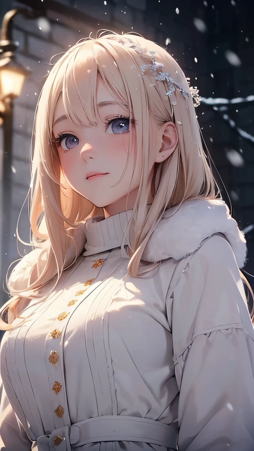 (Masterpiece, top quality image, 1 girl,
(Perfect face: 1.2) with delicate features, rosy cheeks, and a Pretty Face: 1.2 adorned with Platinum Blonde hair, cascading down her shoulders,
(From below, Upper Body: 1.3) revealingly displayed in a warm winter coat, standing contentedly in the midst of a serene winter scene with snow falling gently around,
A girl in deep happiness, her eyes alight with a faint smile, gazing intently at the audience,
Depth of Field employed expertly to capture the essence of the moment,
Movie Lighting enhancing the enchanting atmosphere,