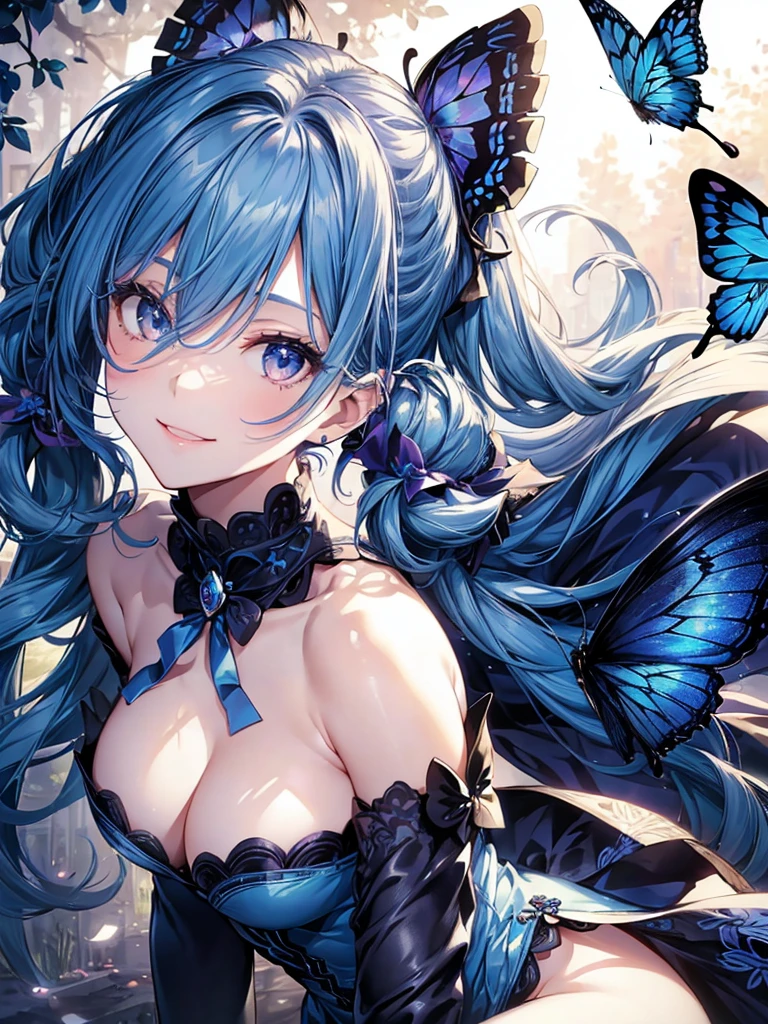 Blue Rose、Garden of Roseasutepiece:1.3), (8K, Photorealistic, Raw photo, Best Quality: 1.4), Beautiful face, (Realistic face), Beautiful detailed eyes, (Realistic skin), Attractive, Intricate details,Golden ratio, 1 girl,Naughty smile, (rainbow hair:1.4),((Long twintails,Ribbon 1.4)),Blue dress-through butterfly hair ornament 1.3),Dynamic Pose,Dynamic Angle,Intricate details, Hyper realistic、A smile、Smiling、Face enhancement、Light of Deities、Deities、Heaven、rainbows