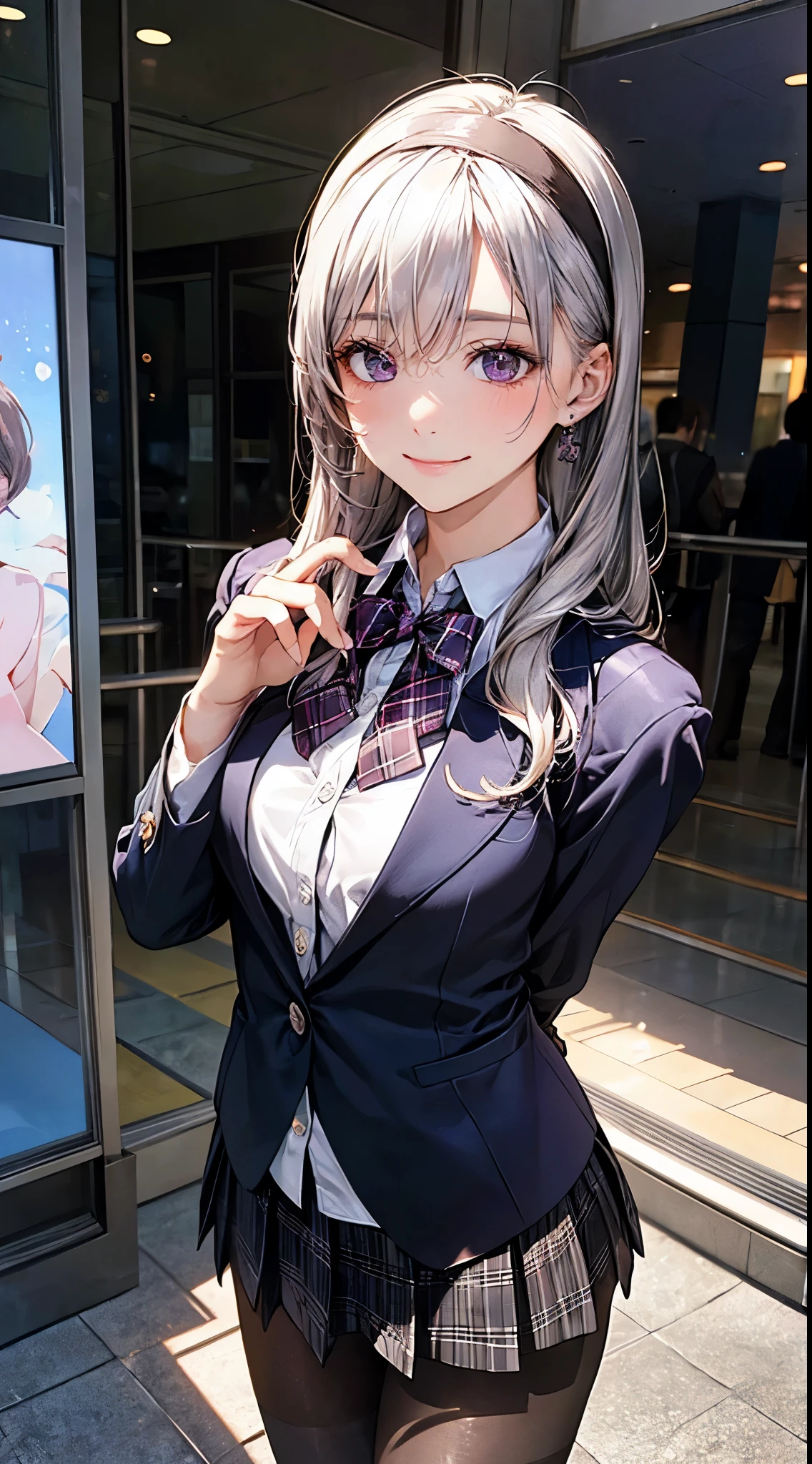 (masterpiece:1.2, highest quality), (realistic photo:1.4), beautiful illustrations, (natural side lighting, movie lighting),
looking at the viewer, 1 girl, Japanese, high school girl, perfect face, Cute symmetrical face, shiny skin, baby face,
(middle hair, straight hair, dark pink headband, silver hair), hair between eyes, dark purple eye idol chest, seductive thighs, big ass), earrings,
beautiful hair, beautiful face, detailed and beautiful eyes, beautiful clavicle, beautiful body, beautiful breasts, beautiful thighs, beautiful feet, beautiful fingers,
(((dark purple blazer, Clothes nearby), white collared shirt, black plaid pleated mini skirt, dark red flat bow tie), black pantyhose),
(beautiful scenery), evening, (Shopping mall), walk, (cute smile, upper eye)