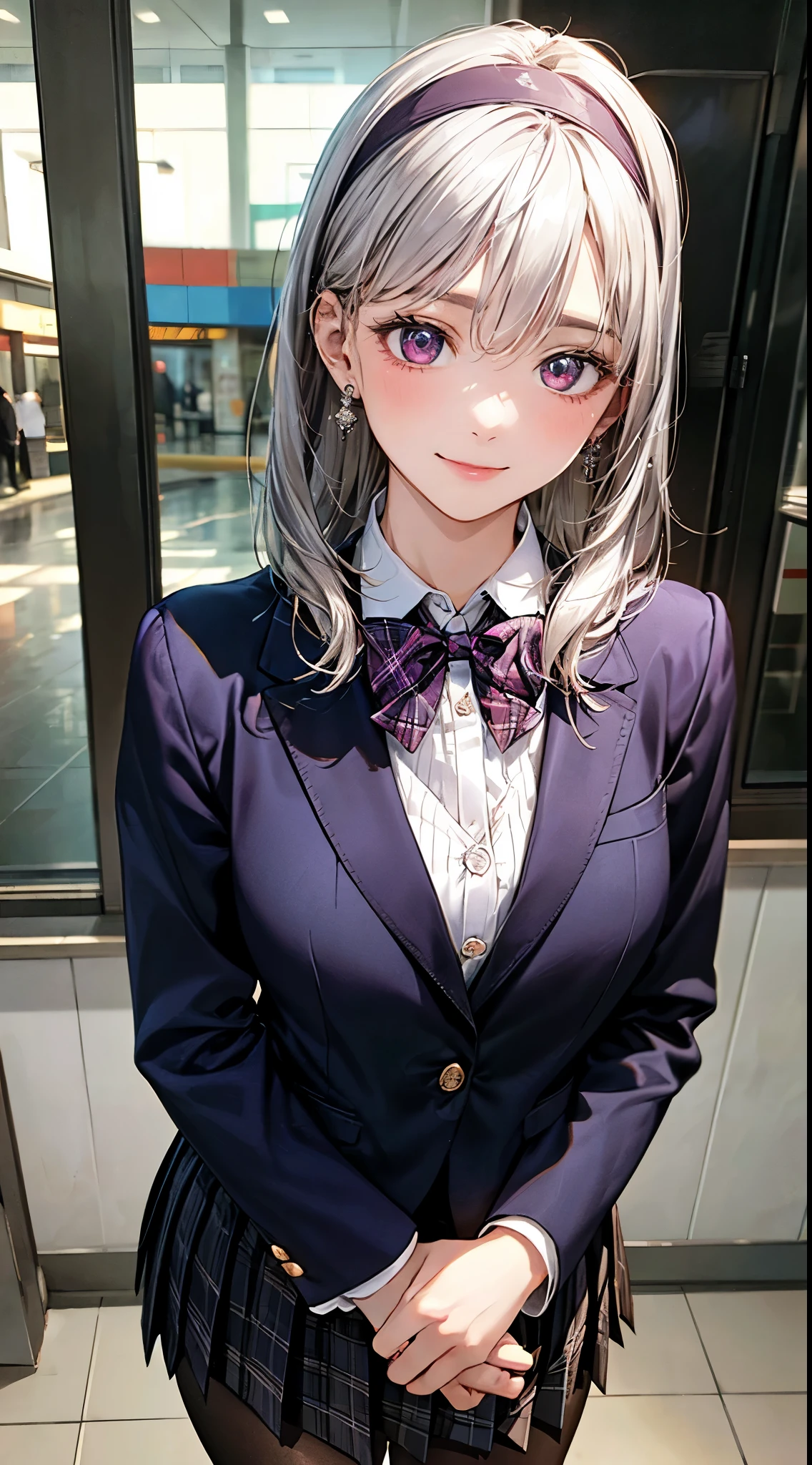 (masterpiece:1.2, highest quality), (realistic photo:1.4), beautiful illustrations, (natural side lighting, movie lighting),
looking at the viewer, 1 girl, Japanese, high school girl, perfect face, Cute symmetrical face, shiny skin, baby face,
(middle hair, straight hair, dark pink headband, silver hair), hair between eyes, dark purple eye idol chest, seductive thighs, big ass), earrings,
beautiful hair, beautiful face, detailed and beautiful eyes, beautiful clavicle, beautiful body, beautiful breasts, beautiful thighs, beautiful feet, beautiful fingers,
(((dark purple blazer, Clothes nearby), white collared shirt, black plaid pleated mini skirt, dark red flat bow tie), black pantyhose),
(beautiful scenery), evening, (Shopping mall), walk, (cute smile, upper eye)