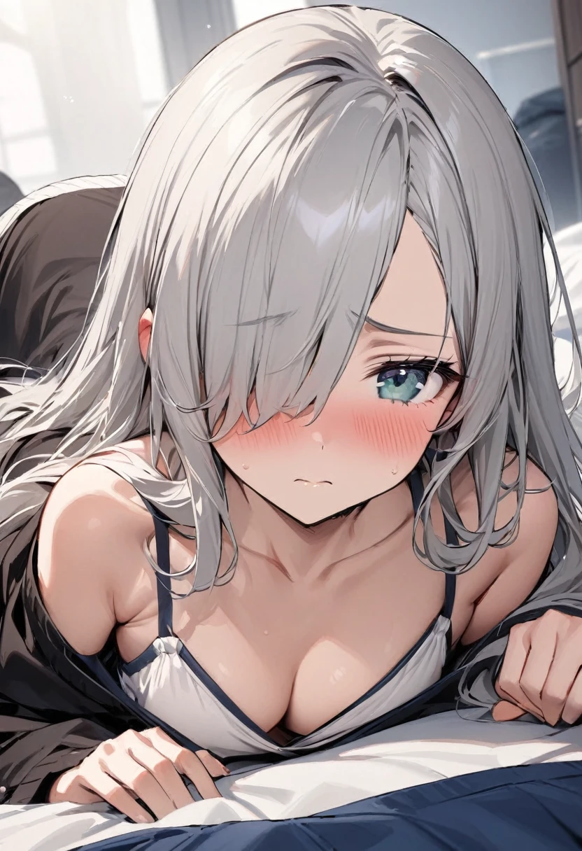 ((highest quality)), ((masterpiece)), (detailed), Perfect Face，Perfect Anatomy，Long Hair，Hair on one eye，Half Up，，，Silver Hair，，First-person view，She looks at me with a sad blush.，Viewpoint of lying down together，The chest is loose and the cleavage is visible.