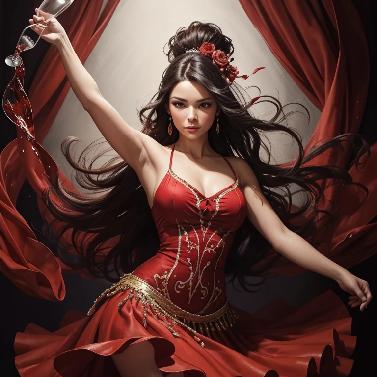A textured and expressive oil painting of a the woman inside the wine glass dancer dancing flamenco, in a dynamic pose. Her Her dress is made up of a fluid liquid of wine is made up of red liquid wine. The woman dances inside a giant wine glass and has a red flower adorning her hair. The background is a mix of warm and cold colors, with abstract brushstrokes that give the work a feeling of movement and energy. The woman appears to be doing a twirl, her dress flowing outwards and her posture suggesting grace and fluidity.ᎩᗩᏆᔑ(｡◕‿◕｡), portrait photography, fashion, illustration, painting, conceptual art, graffiti, vibrant, dark fantasy
