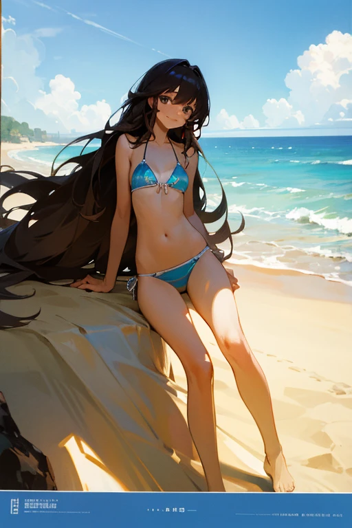 "Top quality, Very Long Hair, Wearing Bikini, Half Smile, Sunlight, at Beach"