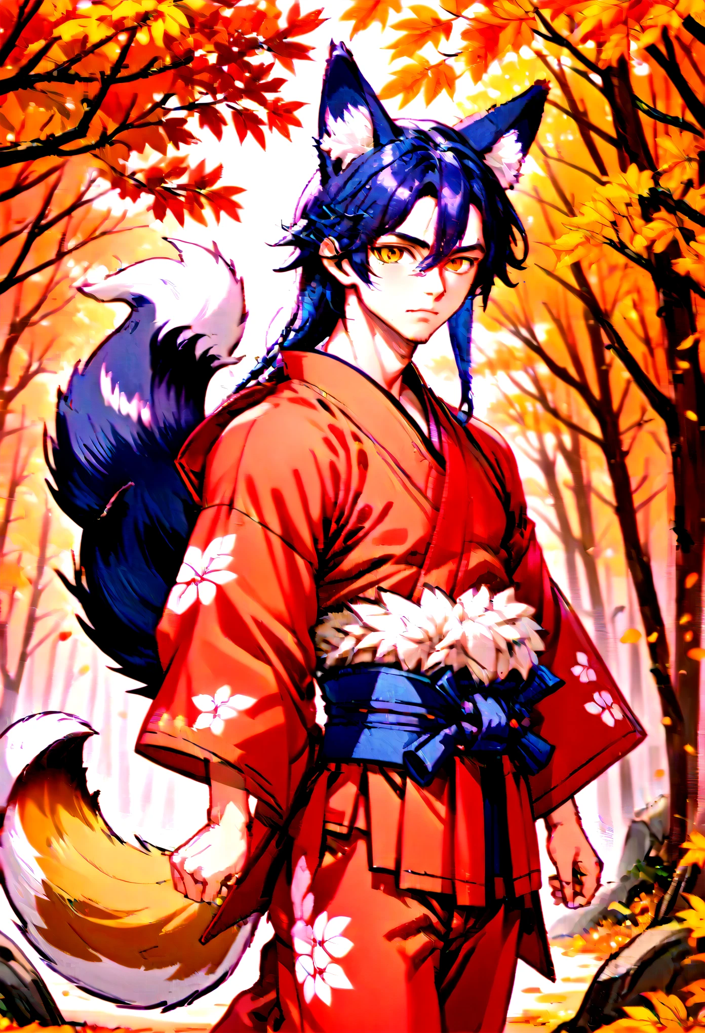 agenda mixed style, 1 boy, Abdominal muscles, Animal ears绒毛, Animal ears, autumn, autumn leaves, Blue Hair, Shut up, clavicle, Separate sleeves, Facial Tagging, forehead mark, Fox Boy, Fox ears, fox Tail, kimono, (wearing a kimono, Japan), Japan衣服, Yoko, Long hair, Male focus, muscular, muscular male, nature, nipple, outdoor, Chest muscles, Solitary, Tail, Tree, Yellow eyes