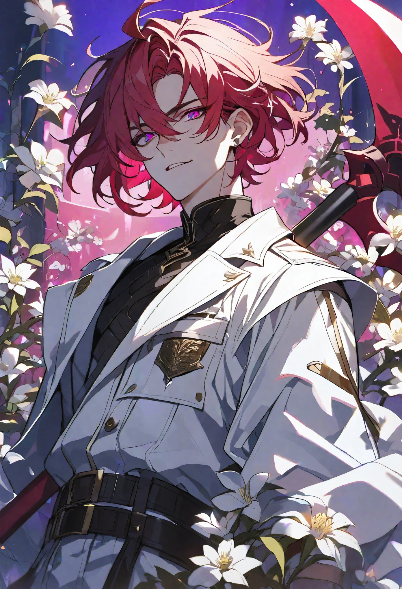 solo, handsome, 1 male, white coat, short hair, red hair, magenta eyes, black light, red scythe, white flower
