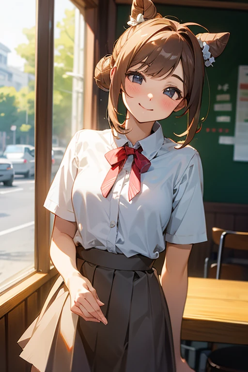 "Best quality, Bun Hair, Wearing Casual Blouse and A-line Skirt, Shy Smile, Natural Light, at Cafe"