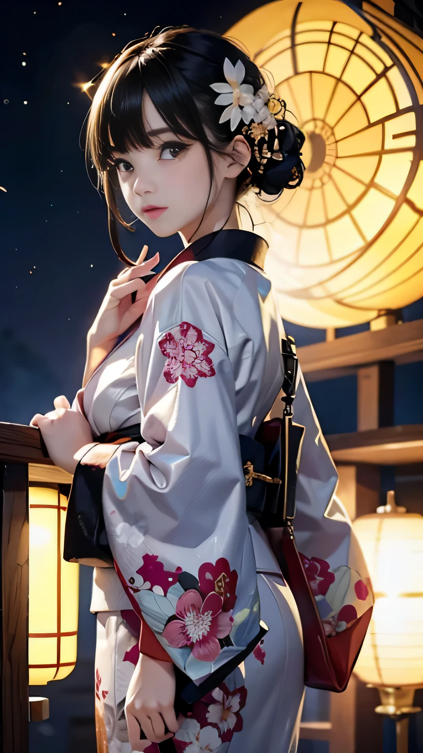 ♥(Japanese beautiful flower printed kimono,yukata),((1girl,cute,young,semi long beautiful black hair,blunt bangs,twin tales,beautiful eyes)),(solo),((masterpiece, highest resolution,best quality)), (beautiful illustration),(Japanese beautiful flower printed kimono,yukata),
(looking at the viewer), innocent smile,cinematic lighting,Japanese Festival,stall,fireworks,night sky,full moon,shooting star,