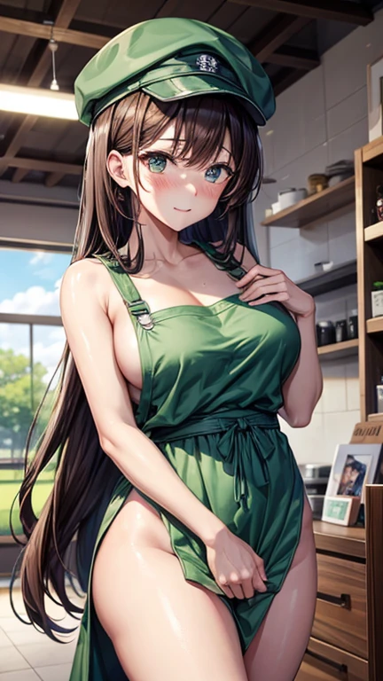 1 anime girl naked wearing only an green apron and a hat, standing at a register, long brown hair, embarrassed, embarrassing, embarrassment, blushing, people around her, hot, sexy, gorgeous, very high quality, anime style, 4K resolution, perfect body, thick body