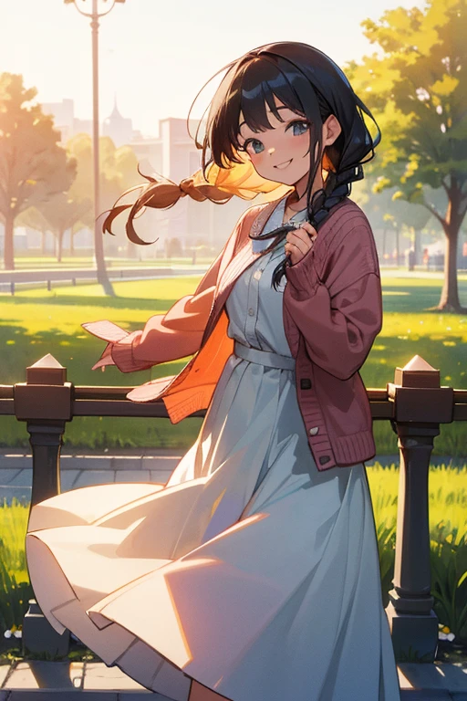 "High resolution, Braids Hair, Wearing Cardigan and Long Skirt, Giddy Smile, Early Morning Light, at Park"