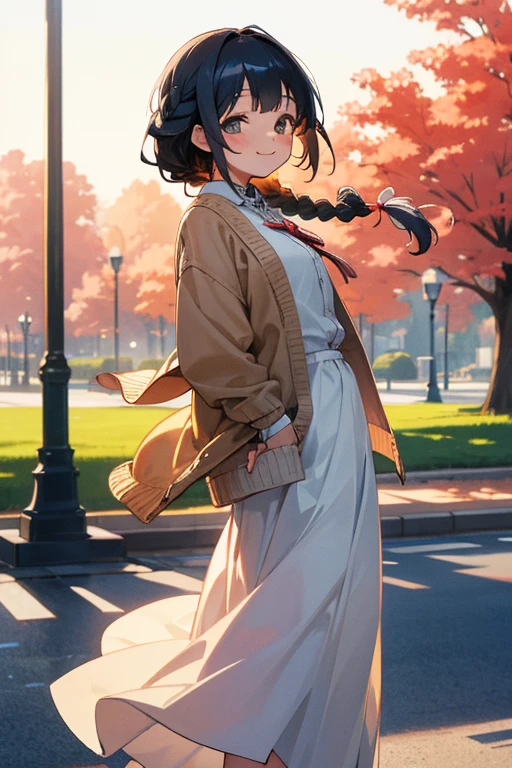 "High resolution, Braids Hair, Wearing Cardigan and Long Skirt, Giddy Smile, Early Morning Light, at Park"