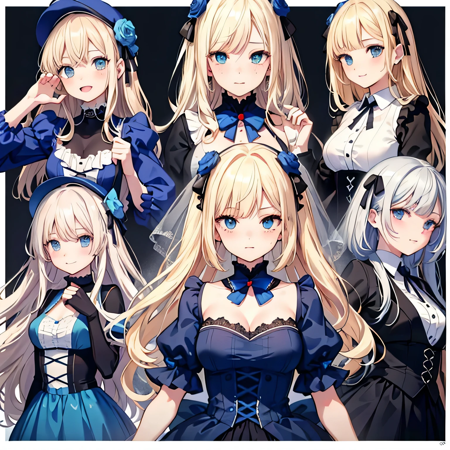 ((highest quality)), ((masterpiece)), (detailed), Perfect Face、1 sexy girl,9 grids,9 poses and exprssions,sexy,blue dress,blond hair,freckles,different emotions,8K,