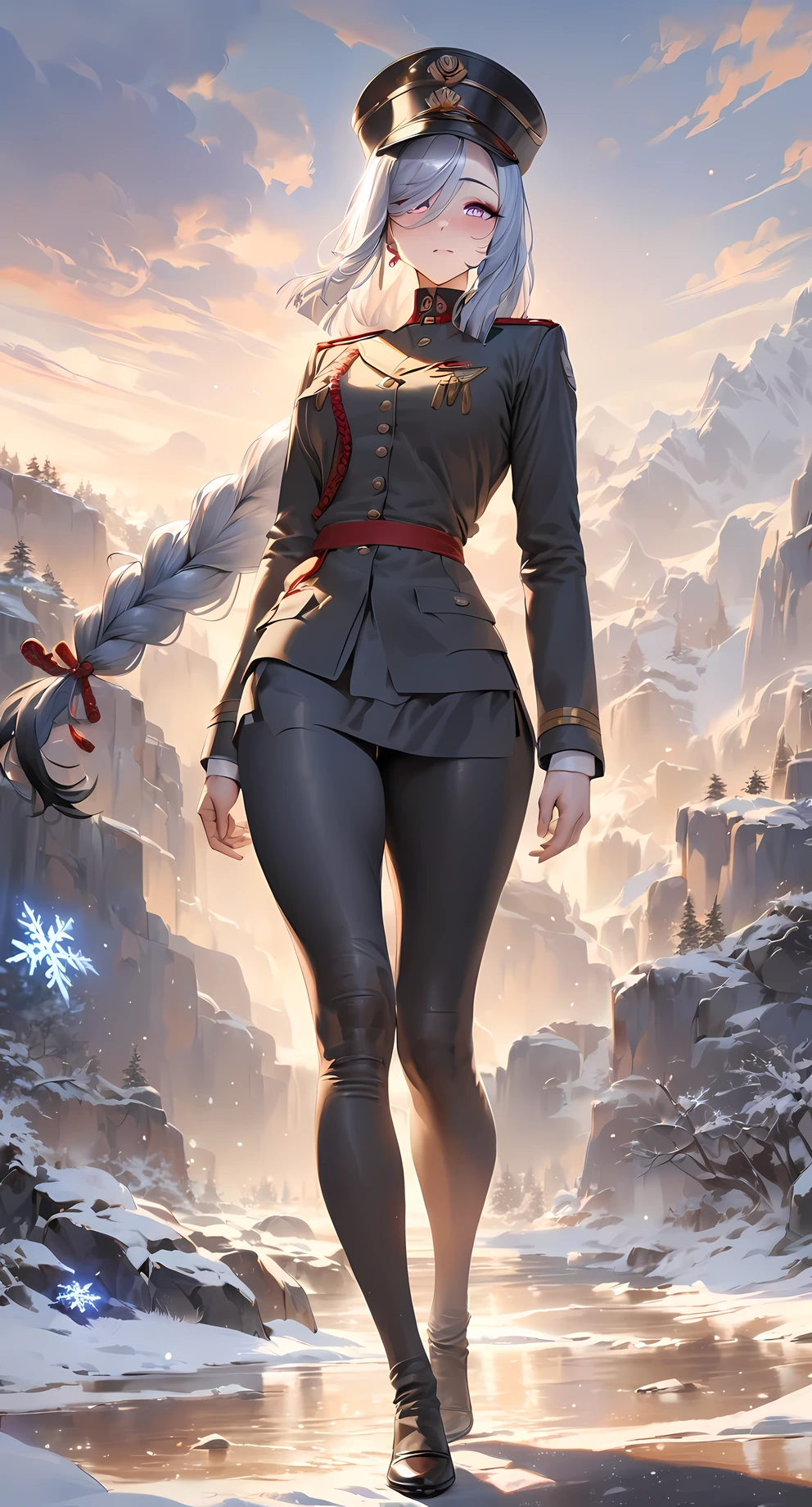 shenhe, full body, seductive look, blush, outdoors, snowflake scenery, looking at viewer, cloudy, moody lighting, (perfect detail eyes:1.2), glowing eyes, (long hair one braid:1.2), elemental skill effect, (Masterpiece, Best Quality, High Quality:1.4), professional artwork, Intricate Details, field of view, sharp focus, detailed painting, photorealistic lighting, trending on pixiv, (vivid lighting, vibrant colors:1.05), realistic shadows, ambient occlusion, (athletic body:1.3), mature woman, 30yo, (wear military uniform:1.5),(military cap:1.2), general of army

