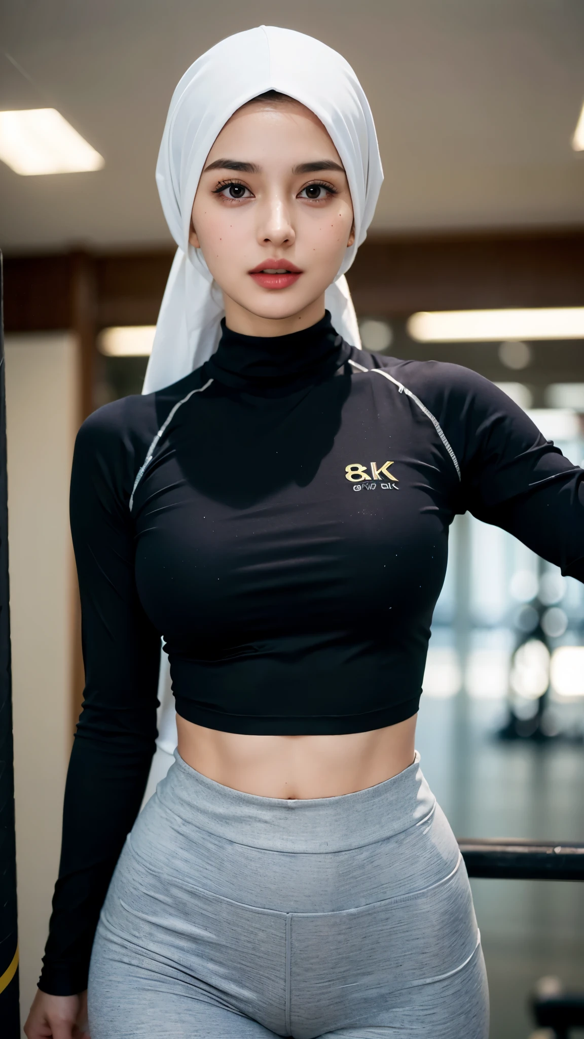 ((Best quality, 8K, Masterpiece: 1.3)), One stunningly beautiful hijabi woman: 1.4, Slim and tall with a perfect body type: 1.3, Medium-sized breasts with a subtle tension: 1.2, Captivating cute drooping eyes: 1.5, Gorgeous big eyes filled with light: 1.4, Sweaty and wet from intense workout: 1.8, Sexual excitement radiantly shining: 1.6, (The whole body is wet: 1.4), In a dynamic pose at the gym: 1.2, A 18-year-old woman wearing long sleeve t-shirt and leggings in top form