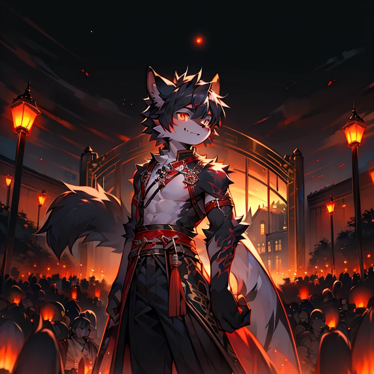 Outside the Royal Palace,Outdoor panorama,boy,Male focus,Furry Shota,Bright Eyes,A black wolf in the battlefield of traditional Chinese costumes., Fighting with swords on battlefield at night......... Black dragon tattoo on left arm, Blood Moon. The body is a man........... He holds a black samurai sword,Blade red,Bloodstained.......masterpiece,Gorgeous effect,Surrounded by lights,Bare fangs,Looking at the audience