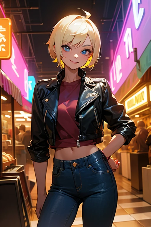 "Masterpiece, Short Hair, Wearing Leather Jacket and Jeans, Chuckle Smile, Neon Lights, at Market"