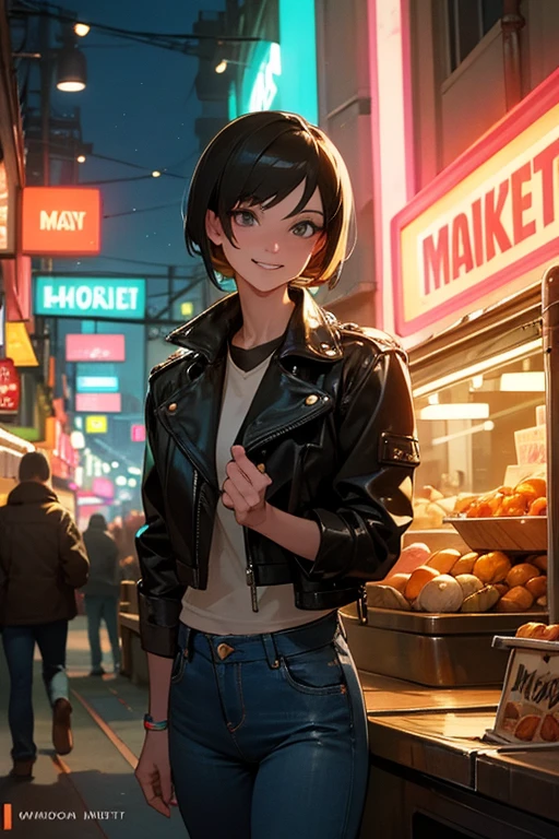 "Masterpiece, Short Hair, Wearing Leather Jacket and Jeans, Chuckle Smile, Neon Lights, at Market"