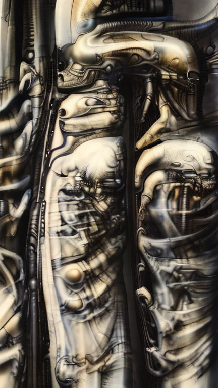 create biomechanical landscape by Hans Rudie Giger composed of fossilized and mummified alien life forms. Image depicts a strange and dreamlike, combines biological and mechanical ,managed  to dreamlike quality.
That achieved through brushwork or airbrushing techniques that create smooth, curving forms alongside sharp edges and straight lines.
 Centralized recognizable shapes of skulls, rib cages, and spines, all intertwined with tubes and cables. These shapes suggest fossilized mummified alien life forms. Central skeletal structures and what appears to be a ribcags made of (ivory with clear signs of charring and weathering) in the foreground are the most identifiable organic elements. The mechanical elements are evident in the wires and tubes emanating from the skeletals, as well as the silfoned plastic tubes. In the background shapes are visible that could be interpreted as other fossilized or mummified alien life.
Light source from the top highlights skeletals, upper part of foreground, lower part of image is in shadow. Use of light and shadow creates a sense of depth and dimension.
Artist might bathe composition in an unnatural, otherworldly light, highlighting the stark contrast between the human and mechanical elements. Shadows would writhe and twist, adding to the overall sense of disorientation and dread.
Giger's meticulous attention to detail would come into play here, as he adorns forms with intricate biomechanical implants and enhancements. These elements would be both beautiful and grotesque, blurring the line between lifeform and machine
Central labyrinthine yet constructively and solid organized abomination is focal point ,uplight illuminates it, draws viewer's eye to it. Central  abomination is focal point ,uplight illuminates it, draws viewer's eye to it.
Work is sxually suggestive, in the way that it depicts the human form, as well as in the use of bio-organic forms that resemble sxual organs.
Surfaces are heavily covered with tin dots of dark paint