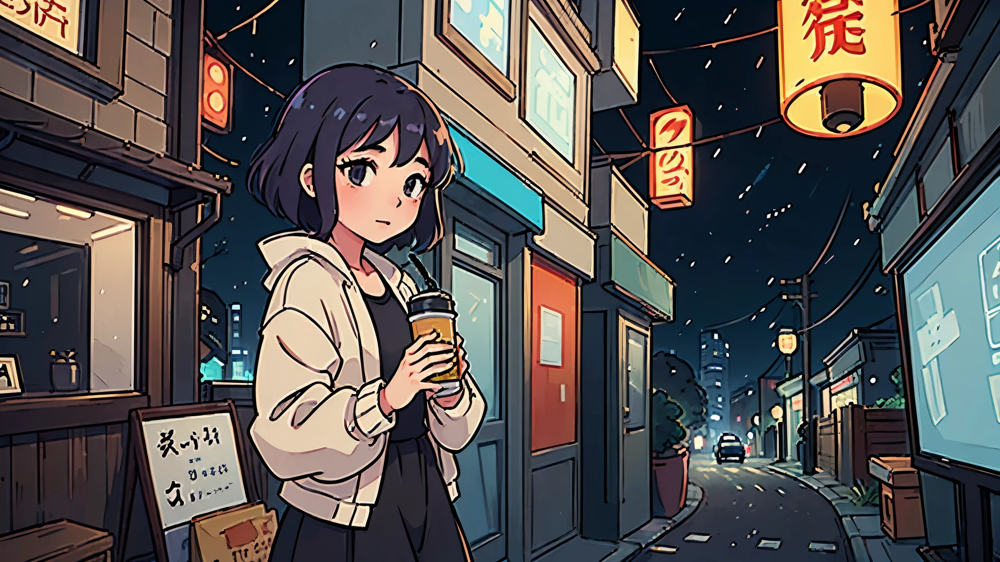 "Create an image of a city night view in the style of a Ghibli anime that matches stylish music.。The music is smooth and elegant with jazz influences.、Create an image that gives a sense of the hustle and bustle of a city at night and the light of street lamps shining through the darkness.。The image shows、A city skyline lined with skyscrapers, painted in a unique Ghibli-esque art style、Car lights and people々The streets of the city where shadows come and go、And include elements that give the feeling of distant jazz toneoreover、In the image、The painting depicts a young woman who looks like a Ghibli anime character walking and enjoying the city's night view.。She is enjoying a Ghibli-style canned coffee in one hand.、Please express this atmosphere in a way that harmonizes with the city night view and jazz music.。it's raining。I have an umbrella