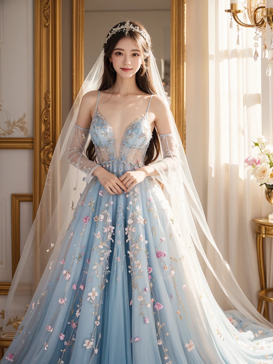 A woman in a dress is standing in a room with flowers, fancy dress, magic dress, intricate fancy dress, celestial fairy tale, fancy long intricate gown, ethereal fancy, very magical and dreamy, vibrant fancy style, iridescent. fancy, translucent dress, colorful rich fancy clothing, heavenly beauty, heavenly milky mist, Futuristic and ethereal,milky white palace, close up, bust, smile