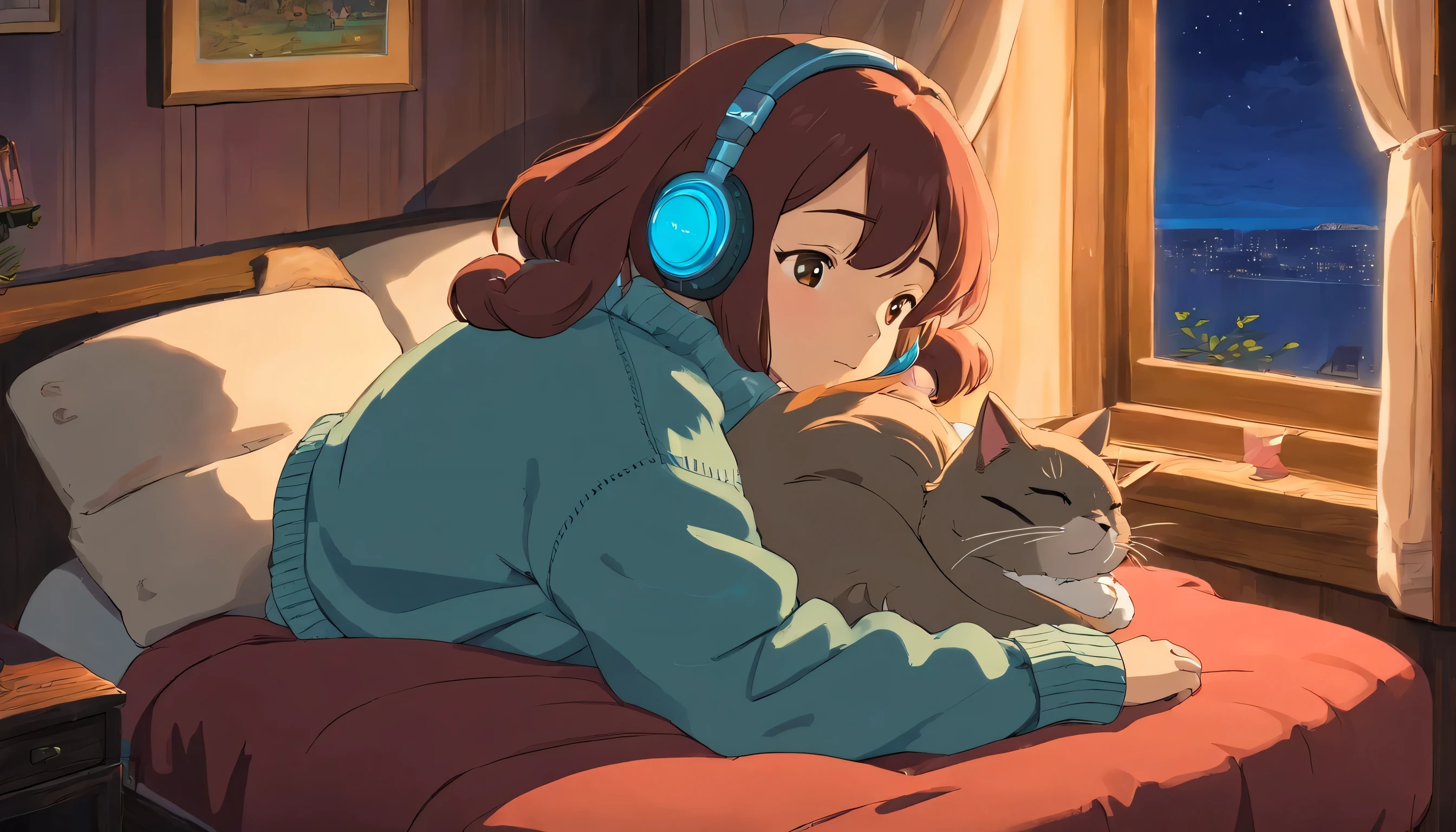 girl, Lie down and sleep, Wearing a large sweater, Wearing headphones, praise, Calm, Calm atmosphere, Looking out the window in the bedroom, nice, night, quiet night, Cat, masterpiece, highest quality