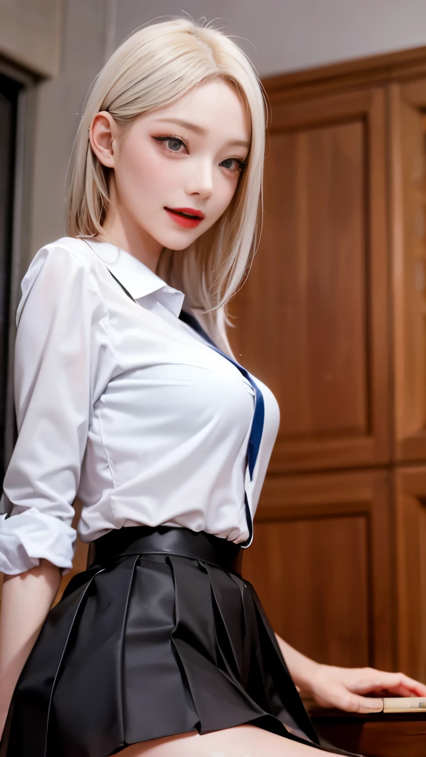 sweet expression, Lying, white glasses, short gray hair, (8k, RAW photo, realistic:1.25) ,( lip gloss, eyelash, shiny face, shiny skin, highest quality, ultra high resolution , Depth of the bounds written, chromatic aberration, caustics, wide light, natural shadow, K-POPアイドル) Gazing at the viewer with a calm and goddess-like blissful expression, whole body, big breasts, white underwear, black stockings, see-through shirt, white shirt, secretary、smile、Sitting down